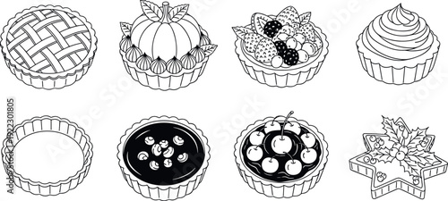 Festive dessert illustration, holiday tart collection, fruit pie drawing, pumpkin tart sketch, chocolate nut tart, cherry tart, star cookie decoration