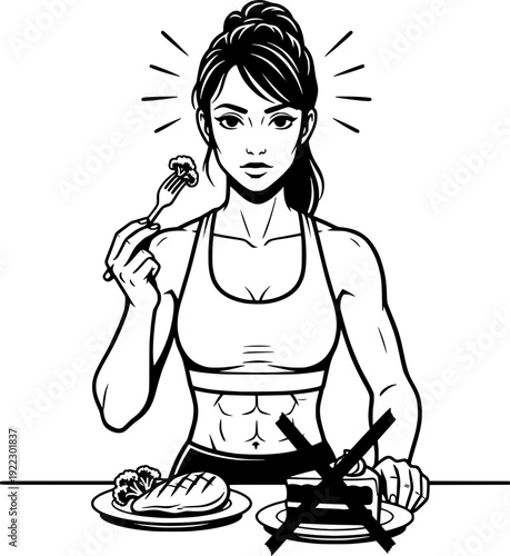 Vector illustration of a fit woman choosing healthy food over sweets. Athletic girl eating chicken and broccoli while rejecting cake. Fitness and diet concept.