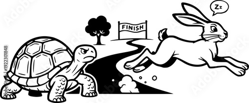 Vector illustration of the tortoise and the hare fable. Slow turtle and fast rabbit racing towards a finish line. Concept of perseverance, speed and competition.