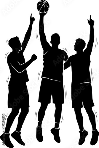 Black silhouette of three basketball players jumping together to reach a ball, isolated on white. Concept of teamwork, sport and success.