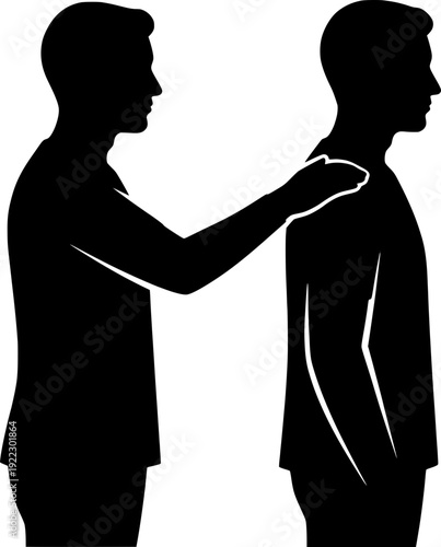Man placing a hand on another man's shoulder in a gesture of support and comfort. Minimalist black and white silhouette vector illustration of friendship, empathy, and mentorship.