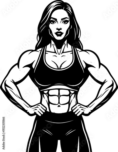 Strong muscular woman in gym attire posing. Female bodybuilder with defined abs and biceps in comic book engraving style. Black and white vector art for fitness and strength.