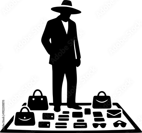 Street vendor displaying handbags and accessories on a mat. Silhouette vector illustration of informal trade, local market, or urban merchant. Minimalist black and white concept art.