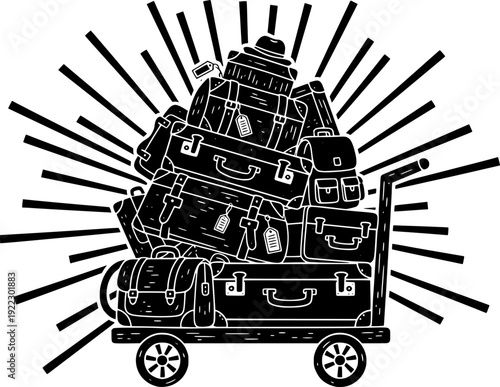 Large stack of vintage suitcases and bags on a luggage trolley. Black and white vector illustration with sunburst background for travel, relocation, or heavy luggage concept.