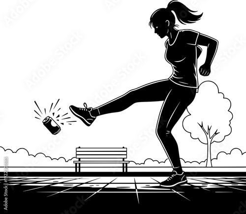Angry young woman kicking a tin can in a park. Silhouette vector illustration of frustration, stress, and bad mood. Minimalist black and white urban scene with park bench.