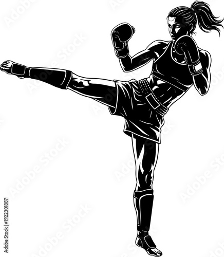 Female kickboxer or MMA fighter performing a high kick. Strong woman in combat gear and boxing gloves. Black and white silhouette vector illustration for sports and fitness concept.