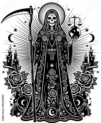 Santa Muerte folk saint illustration. Gothic grim reaper skeleton lady with scythe, scales, and roses in woodcut tattoo style. Black and white vector art.