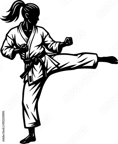 Female karate athlete performing a side kick. Woman in traditional martial arts gi and black belt. Black and white silhouette vector illustration for combat sports and discipline.