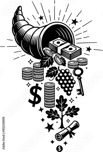 Cornucopia of wealth and abundance. Horn of plenty with money, coins, grapes, key, and diploma in woodcut engraving style. Black and white vector art for financial prosperity concept.