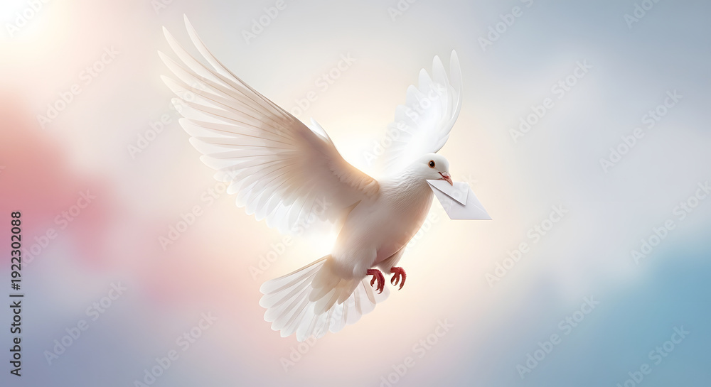 Fototapeta premium White dove with letter in beak flying gracefully through a soft, ethereal sky