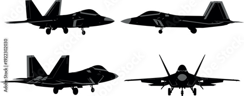 Fighter jet silhouette illustration, military aircraft vector, F‑22 Raptor artwork, aviation design drawing, aircraft perspective sketch, black and white graphic
