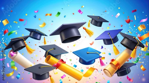 Graduation caps, diplomas and confetti float in a celebratory sky