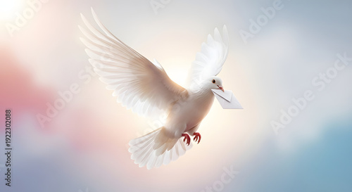 White dove with letter in beak flying gracefully through a soft, ethereal sky