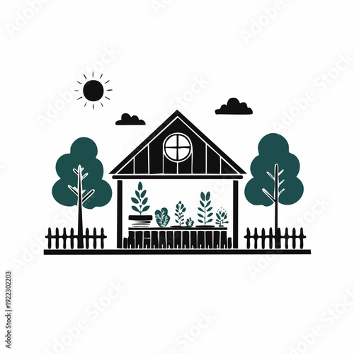 A serene house with a garden surrounded by trees and a fence under a sunny sky with clouds