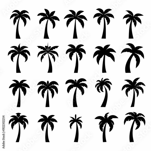 Collection of twenty palm trees arranged in four rows with varying silhouettes, vector illustration, tropical scene, travel concept