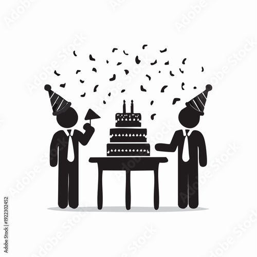 Two men in party hats celebrating with a multi-tiered cake on a table, surrounded by confetti