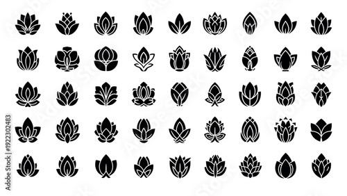 Collection of various black lotus flower silhouettes, elegant and spiritual floral designs.