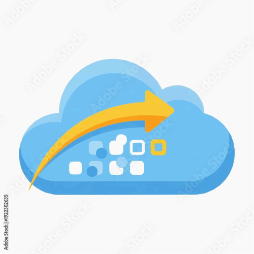 A blue cloud with a yellow arrow indicating data transfer or cloud migration of digital information.