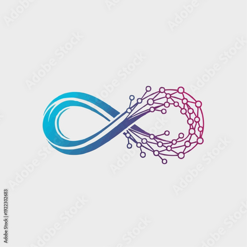 An infinity symbol with a smooth blue-to-purple gradient on the left and a connected network of dots and lines on the right, representing endless digital connectivity and technological flow.