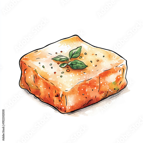 Watercolor Illustration of a Square Food Item Garnished with Fresh Basil