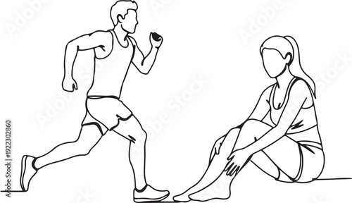 Man running and woman sitting in minimalist line style line fitness exercise sport healthy lifestyle