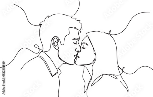 Minimalist continuous line of a couple kissing with flowing abstract lines love romance relationship