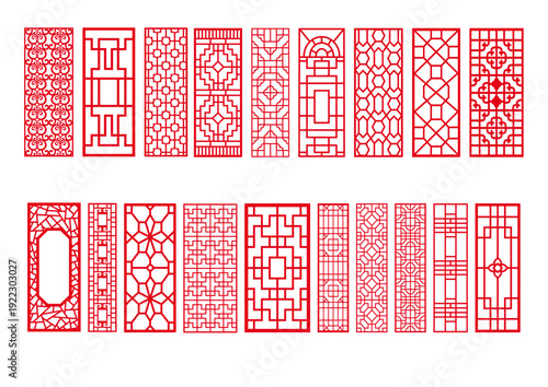 Chinese Traditional Red Decorative Window Panel Collection with Classical Geometric Floral and Mixed Lattice Screen Pattern Designs Vector Set