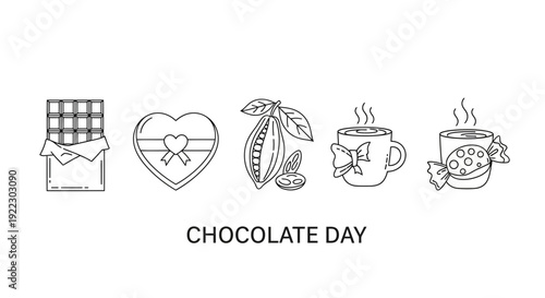 Chocolate Day Icons: Bar, Heart Gift Box, Cacao Pod, Hot Cups, Candy - Minimalist Line Art