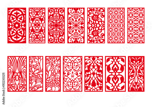 Turkish Iznik Red Floral Botanical Panel Collection with Classical Tulip Carnation Arabesque Vine and Mixed Oriental Tile Screen Designs Vector Set