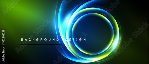 Abstract design features glowing circles, vibrant greenblue gradient. Dark background emphasizes luminous rings, creating dynamic visual effect.