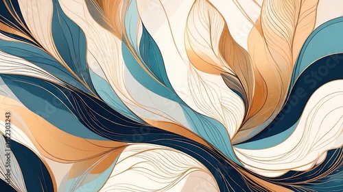 Abstract botanical art with fluid lines, various blue, gold, and white hues