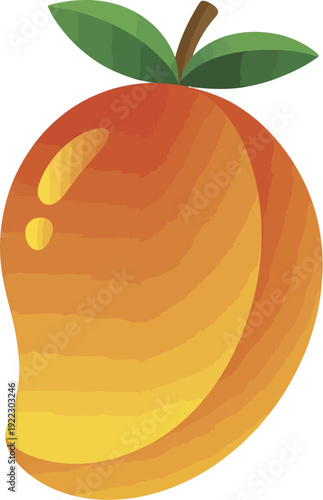 An illustration of a mango fruit with leaves on a plain background viewed from the side