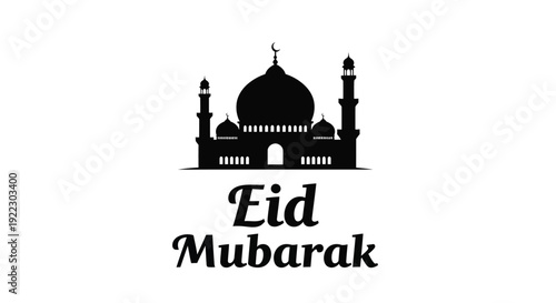 Black silhouette of a mosque with eid mubarak calligraphy