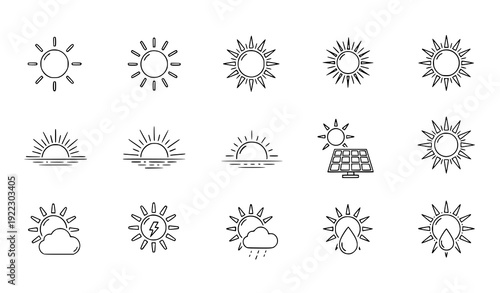 Bright Sun Outline Icon Set – Weather and Energy Line Vector Illustration
