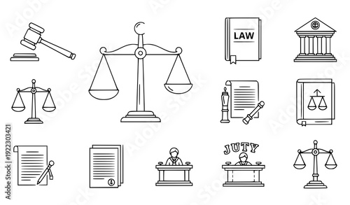 Modern Law and Justice Outline Icons – Court and Legal Vector Illustration