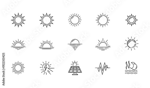 Sun Line Icons – Solar Energy and Weather Outline Vector Collection