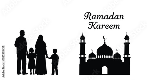 Ramadan greetings with family and mosque in black silhouette