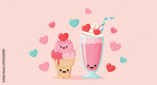 Flat lay of a pink ice cream cone and milkshake with hearts on a pastel pink background in a sweet and playful composition.