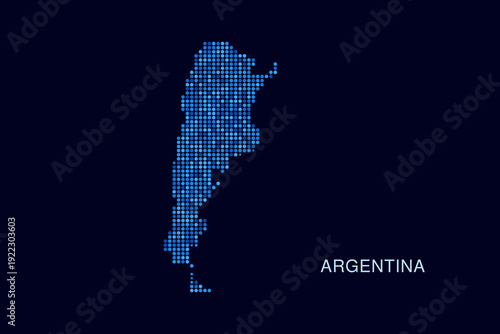 Argentina Map - Blue Dotted Halftone Vector Illustration on Dark Navy Background, Abstract Circle Grid Silhouette Design for Infographic and Modern Presentation Use.