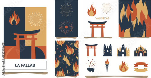 Las Fallas Valencia Festival Elements Collection with Fire, Traditional Monuments, and Fireworks Illustration