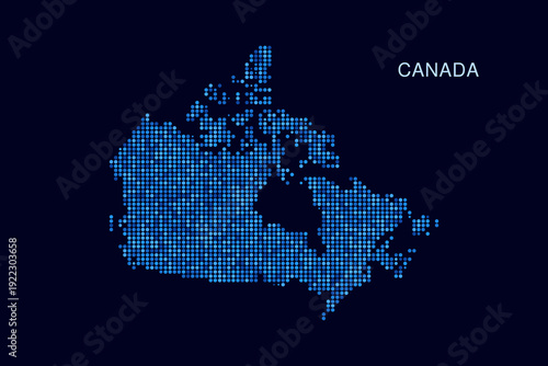 Canada Map - Blue Dotted Halftone Vector Illustration on Dark Navy Background, Abstract Circle Grid Silhouette Design for Infographic and Modern Presentation Use.