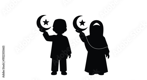 Two children with crescent moons representing islamic faith silhouette