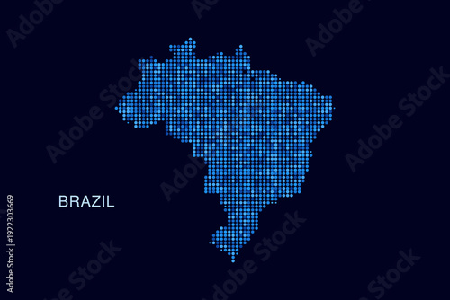 Brazil Map - Blue Dotted Halftone Vector Illustration on Dark Navy Background, Abstract Circle Grid Silhouette Design for Infographic and Modern Presentation Use.