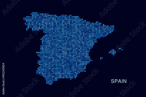Spain Map - Blue Dotted Halftone Vector Illustration on Dark Navy Background, Abstract Circle Grid Silhouette Design for Infographic and Modern Presentation Use.