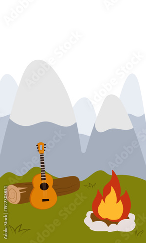 Flat vector illustration of camping outdoors. Mountains, campfire, tent, nature, camper, trees, coffee, backpack, guitar, kettle, boiler, tea, silence, calm, peace, marshmallows on fire