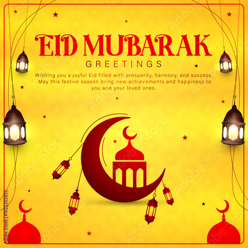 Eid Mubarak greeting banner with vibrant yellow and red background, Islamic festival poster with glowing lanterns and mosque moon silhouette, Elegant Eid Mubarak social media template with traditional