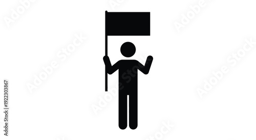 A person raising a black flag on a white background silhouette