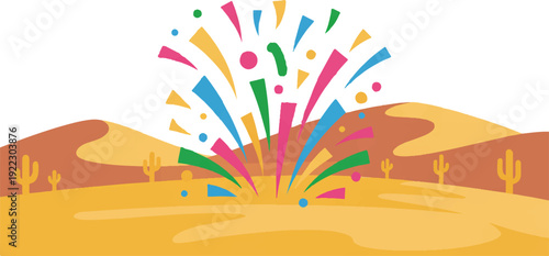 Vibrant desert landscape with colorful explosion cacti and hills under a white background symbolizing celebration and joy in a natural setting