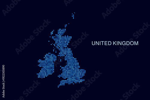United Kingdom Map - Blue Dotted Halftone Vector Illustration on Dark Navy Background, Abstract Circle Grid Silhouette Design for Infographic and Modern Presentation Use.