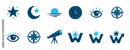 Set of hand-drawn blue icons representing astronomy, navigation, and the internet, including a star, moon, compass, telescope, and WWW symbol in a doodle style